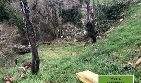 Réalisation d'un espace jardin avec cabane, bacs potager et escalier d'accès près de Tournus